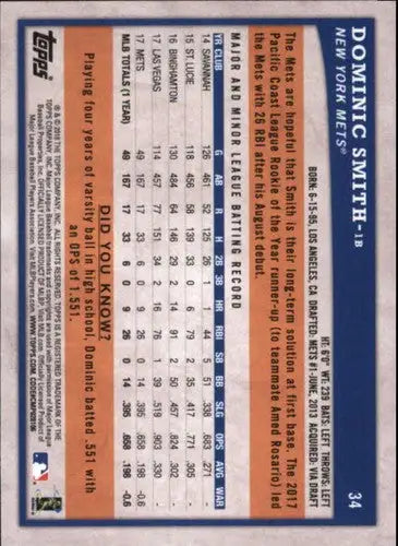 2018 Topps Big League Gold #34 Dominic Smith Mets ID:14300 - Baseball Card Single