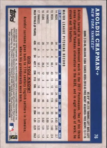 2018 Topps Big League Gold #76 Aroldis Chapman NM-MT Yankees - Baseball Card Single