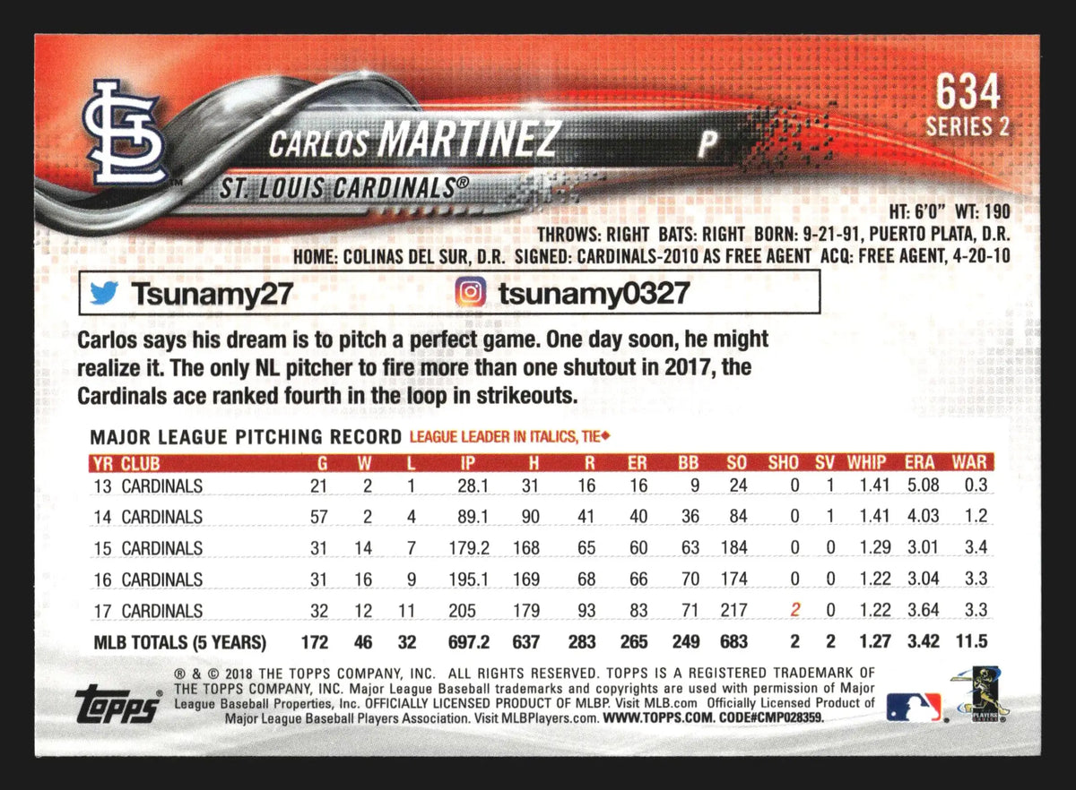 2018 Topps Carlos Martinez #634 St. Louis Cardinals - Baseball Card Single