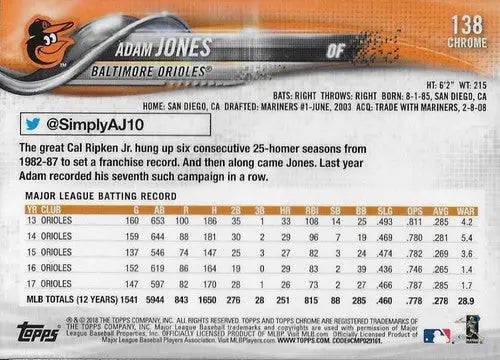2018 Topps Chrome #138 Adam Jones NM-MT Orioles - Baseball Card Single