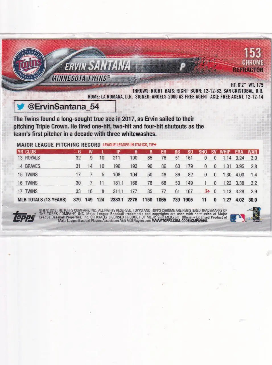 2018 TOPPS CHROME #153 ERVIN SANTANA PINK REFRACTOR- MINNESOTA TWINS - Baseball Card Single