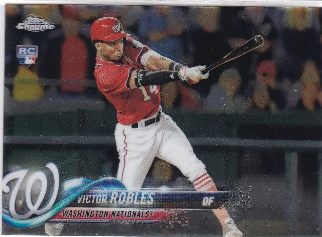 Victor Robles swinging a bat in red uniform, Topps Chrome RC Washington Nationals