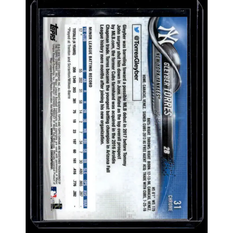 2018 Topps Chrome #31 Gleyber Torres New York Yankees NM-MT - Baseball Card Single