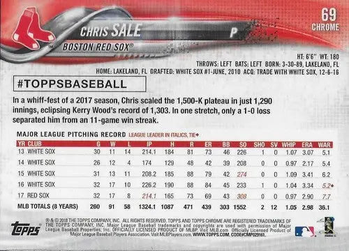 2018 Topps Chrome Chris Sale baseball card with original gloss featuring Red Sox pitcher
