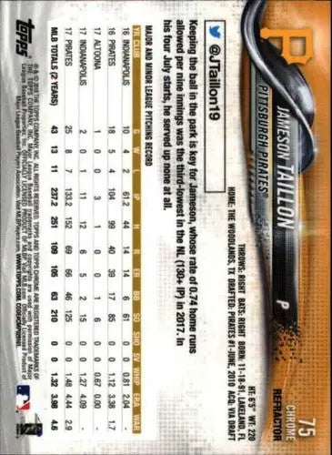 Jameson Taillon baseball card from 2018 Topps Chrome Refractors with original gloss