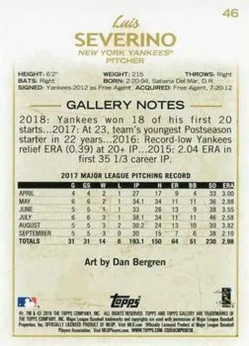 Original gloss 2018 Topps Gallery Luis Severino baseball card Yankees ID 16411