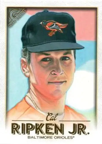 Original gloss baseball trading card featuring Cal Ripken Jr. in Orioles cap from Topps Gallery