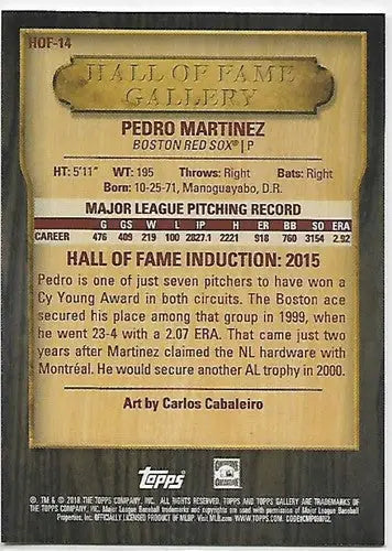 Pedro Martinez baseball card from 2018 Topps Gallery Hall of Fame series with original gloss