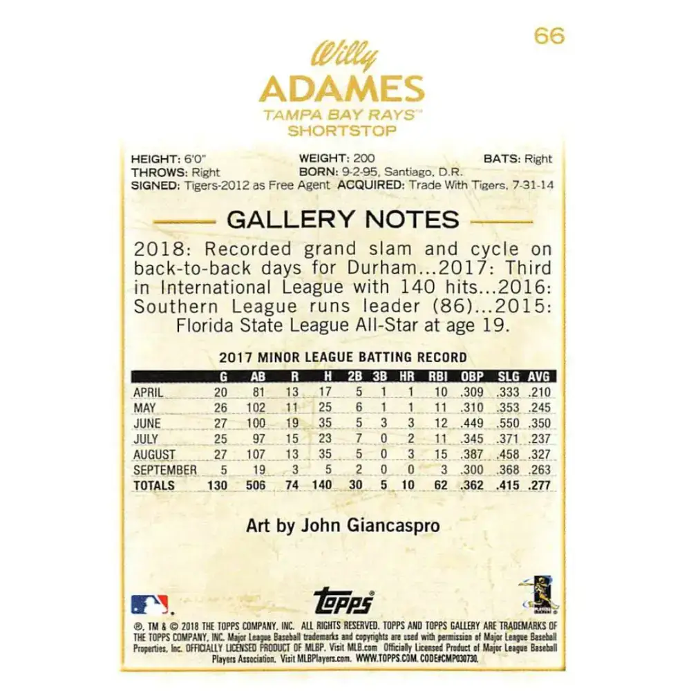 2018 Topps Gallery Wood #66 Willy Adames NM-MT Tampa Bay Rays Baseball Card - Baseball Card Single
