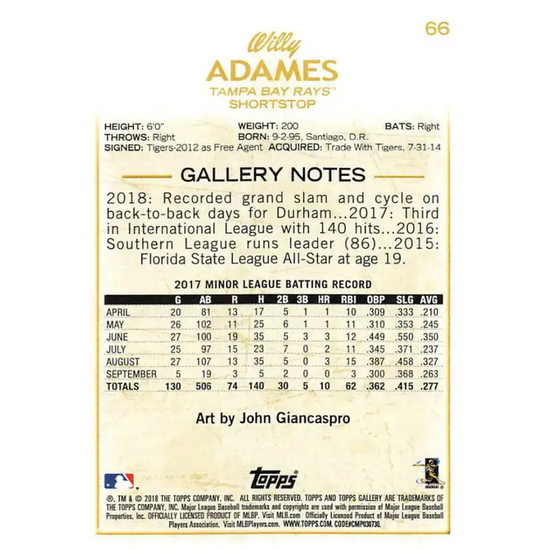 2018 Topps Gallery Wood #66 Willy Adames NM-MT Tampa Bay Rays Baseball Card - Baseball Card Single