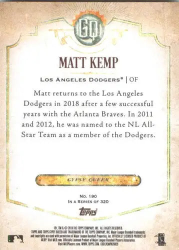2018 Topps Gypsy Queen #190 Matt Kemp NM-MT Dodgers - Baseball Card Single