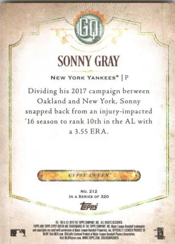 2018 Topps Gypsy Queen #212 Sonny Gray NM-MT Yankees ID:11112 - Baseball Card Single