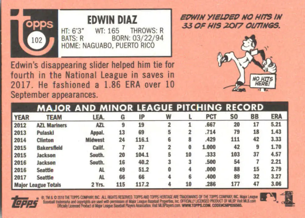 2018 Topps Heritage #102 Edwin Diaz NM-MT Mariners ID:9326 - Baseball Card Single