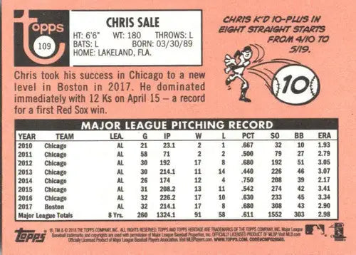 2018 Topps Heritage #109 Chris Sale NM-MT Red Sox - Baseball Card Single
