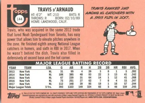 Original gloss Travis d’Arnaud baseball card from 2018 Topps Heritage Mets collection