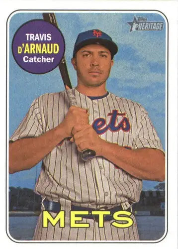 2018 Topps Heritage Travis D’Arnaud baseball card with original gloss, Mets card typically sells