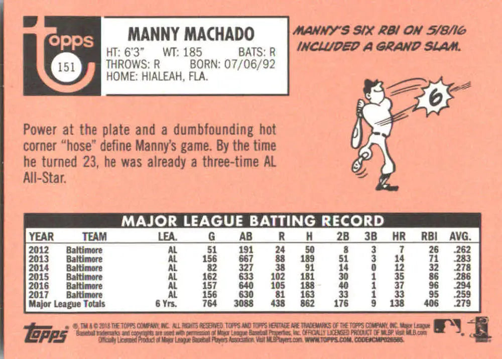 2018 Topps Heritage #151 Manny Machado NM-MT Orioles ID:9369 - Baseball Card Single