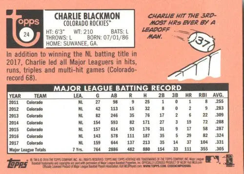 2018 Topps Heritage #24 Charlie Blackmon NM-MT Rockies - Baseball Card Single