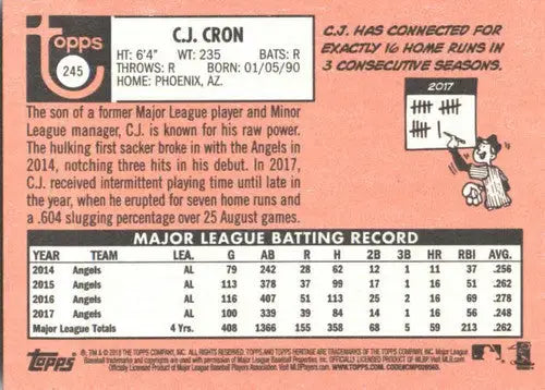 Original gloss C.J. Cron baseball card from 2018 Topps Heritage NM-MT Angels