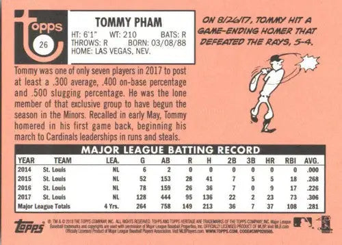 2018 Topps Heritage #26 Tommy Pham NM-MT Cardinals - Baseball Card Single