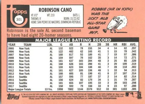 2018 Topps Heritage #301 Robinson Cano NM-MT Mariners ID:9505 - Baseball Card Single