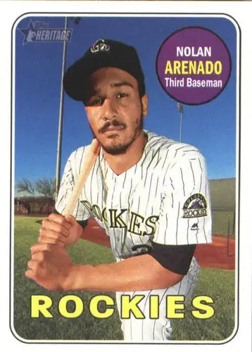 2018 Topps Heritage Nolan Arenado baseball card with original gloss and Rockies team