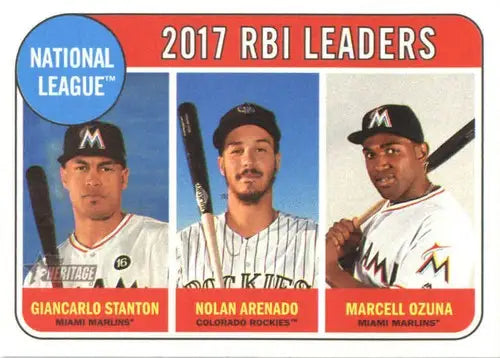 2017 National League RBI leaders baseball card featuring Nolan Arenado Giancarlo Stanton and Marcell Ozuna in original gloss sports cards style