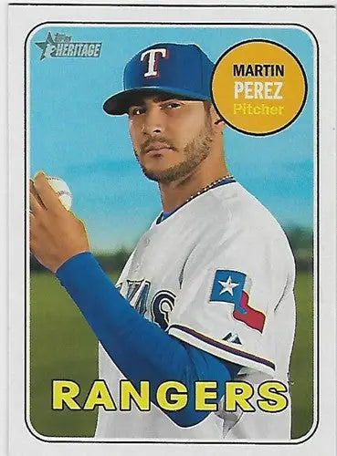 Original gloss baseball card featuring Martin Perez from Topps Heritage 2018 Rangers