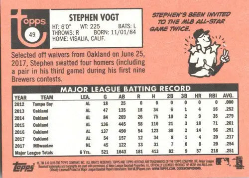 2018 Topps Heritage #49 Stephen Vogt NM-MT Brewers ID:9276 - Baseball Card Single