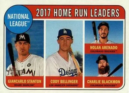 2017 National League Home Run Leaders baseball card from Topps Heritage featuring Cody Bellinger