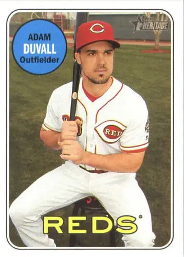 2018 Topps Heritage Adam Duvall baseball card featuring original gloss and Reds team details