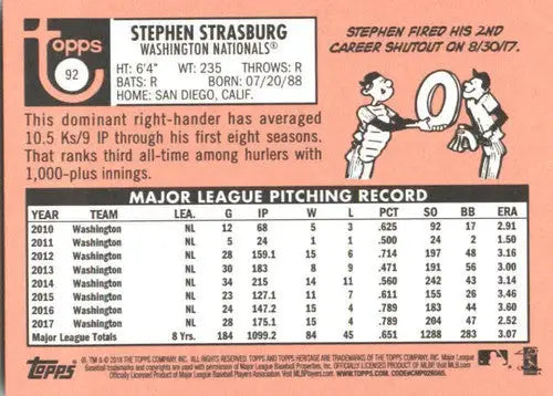 2018 Topps Heritage #92 Stephen Strasburg NM-MT Nationals - Baseball Card Single