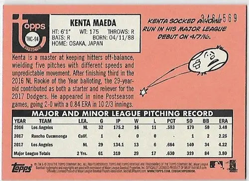 Baseball card back showing Topps Heritage Chrome Kenta Maeda Dodgers heritage chrome image