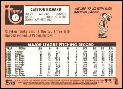 Clayton Richard baseball card back from 2018 Topps Heritage High Number sports cards with original gloss