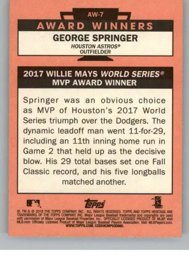 2018 Topps Heritage High Number Award Winners #AW-7 George Springer NM- ID:19143 - Baseball Card Single
