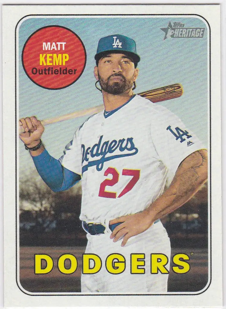 Baseball card of Matt Kemp in uniform, 2018 Topps Heritage High Number Dodgers player