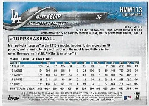 Original gloss 2018 Topps Holiday HMW113 Matt Kemp Dodgers baseball card