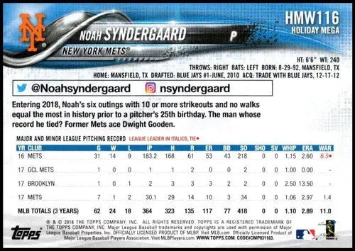 Original gloss of 2018 Topps Holiday HMW116 Noah Syndergaard Mets trading card
