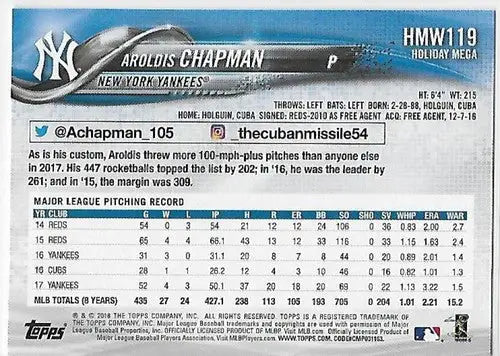 2018 Topps Holiday #HMW119 Aroldis Chapman NM-MT Yankees - Baseball Card Single