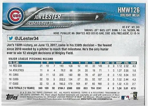 2018 Topps Holiday #HMW126 Jon Lester NM-MT Cubs - Baseball Card Single