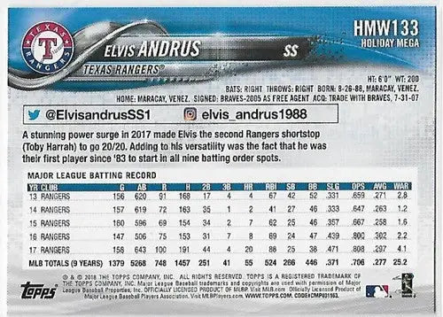 2018 Topps Holiday Elvis Andrus baseball card with original gloss Rangers NM-MT