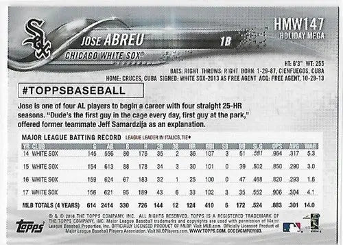 2018 Topps Holiday HMW147 Jose Abreu White Sox baseball card for collectors