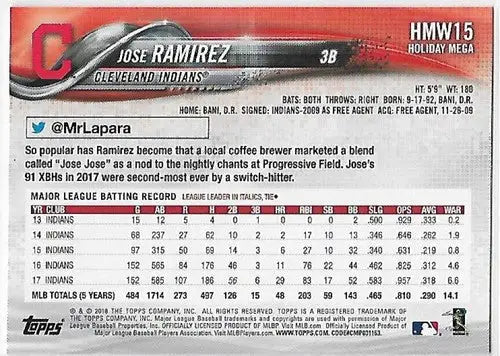 Original gloss of 2018 Topps Holiday HMW15 Jose Ramirez Indians baseball card