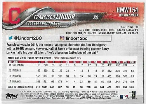 Original gloss 2018 Topps Holiday HMW154 Francisco Lindor Indians baseball card