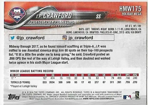 2018 Topps Holiday #HMW175 J.P. Crawford NM-MT RC Rookie Phillies ID:15943 - Baseball Card Single