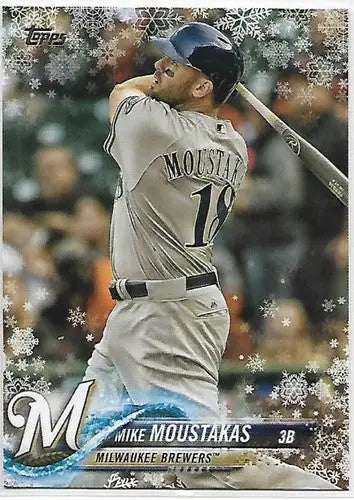 Original gloss baseball card featuring HMW197 Mike Moustakas from Topps Holiday 2018