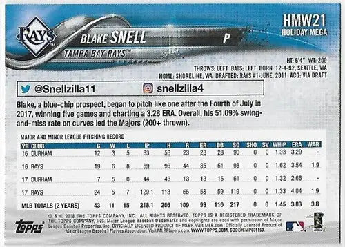2018 Topps Holiday HMW21 Blake Snell Rays baseball card shown in product listing
