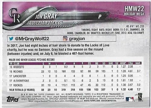2018 Topps Holiday #HMW22 Jon Gray NM-MT Rockies - Baseball Card Single