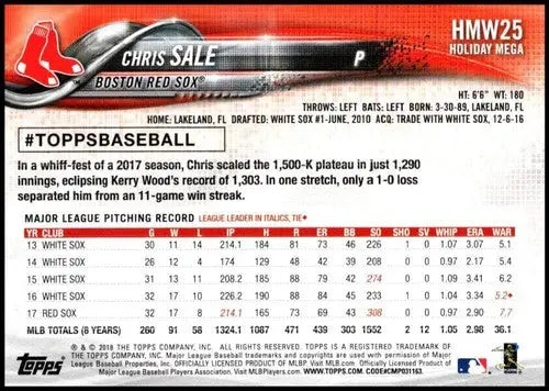 Original gloss HMW25 Chris Sale baseball card from 2018 Topps Holiday featuring Red Sox