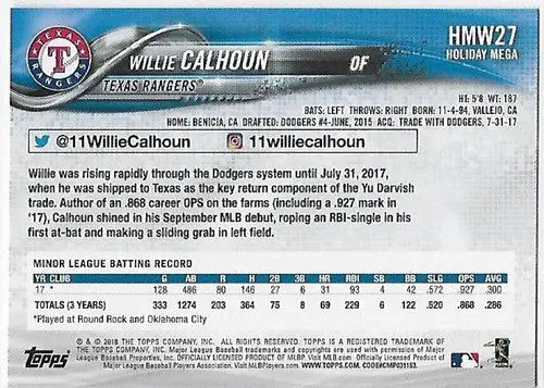 Original gloss 2018 Topps Holiday HMW27 Willie Calhoun Rookie Card Rangers